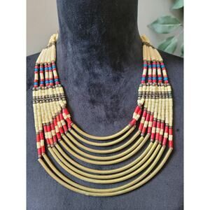Vintage Tribal Beaded Multi Strand Necklace Red Blue Bone Brass Tube Statement